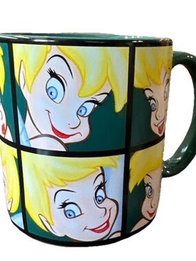 DISNEY STORE Cute Tinkerbell Large Green Coffee Mug “MANY FACES OF TINK” NEW